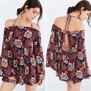 Urban Outfitters Out From Under Orange And Navy Blue Floral Bell Sleeve Romper
